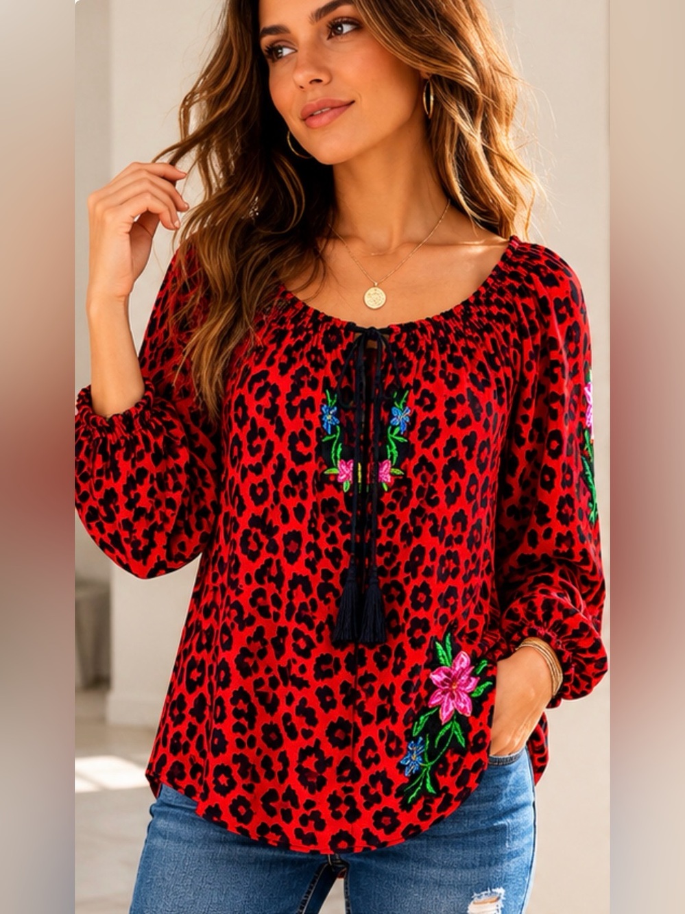 Leopard Print Embroidered Peasant Blouse Size Large Boho Festival Top